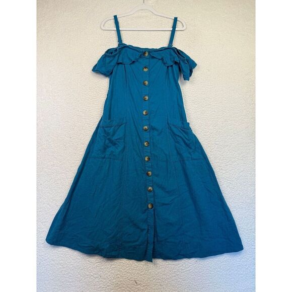 Anthropologie Maeve Buttondown Ruffle Blue Linen Blend‎ Midi Dress Size 12 - Picture 1 of 9